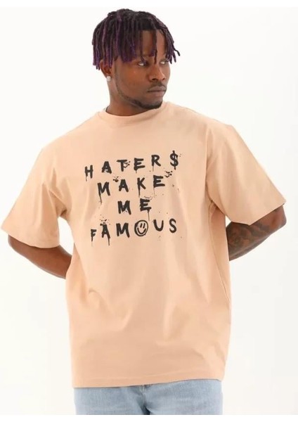 Unisex Oversize Baskılı Bisiklet Yaka T-Shirt - Bej modelleri