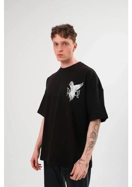 Unisex Bisiklet Yaka Baskılı Oversize T-Shirt - Siyah