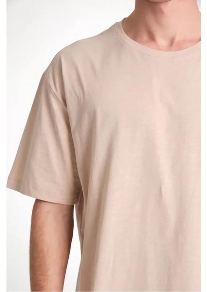 Unisex Düz Biskilet Yaka Oversize T-Shirt - Bej indirimleri