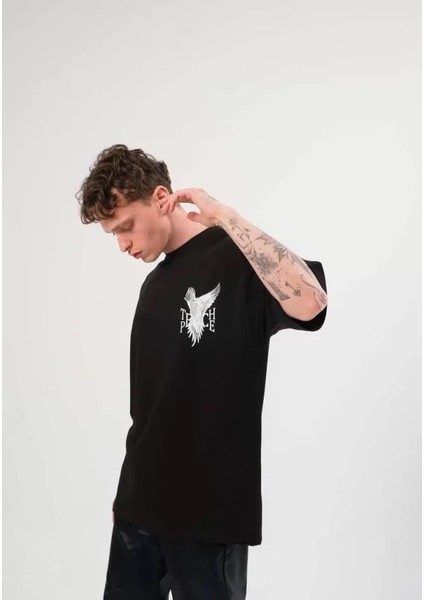Unisex Bisiklet Yaka Baskılı Oversize T-Shirt - Siyah fırsatları