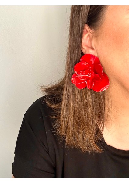 Kadın Zr Marka Model Kırmızı Renk Çiçek Küpe En:7 Boy:7 cm Şık Küpe