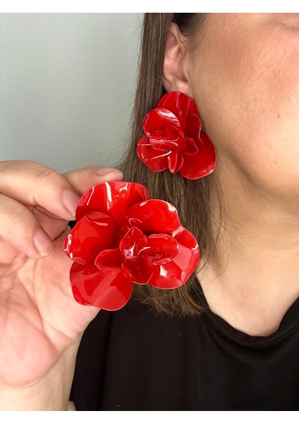 Kadın Zr Marka Model Kırmızı Renk Çiçek Küpe En:7 Boy:7 cm Şık Küpe fırsatları