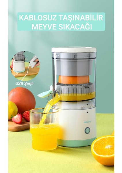 Kablosuz Taşınabilir Narenciye Sıkacağı, Şarjlı Portakal Meyve Sıkacağı Beyaz