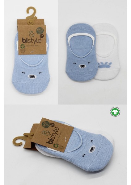 Bistyle 2'li Babet Cute Face Penye Çorap 30103 Mavi-Beyaz