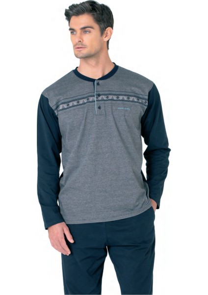 6109 Erkek Lacivert Uzun Kollu Yakası Düğmeli Pijama Takım