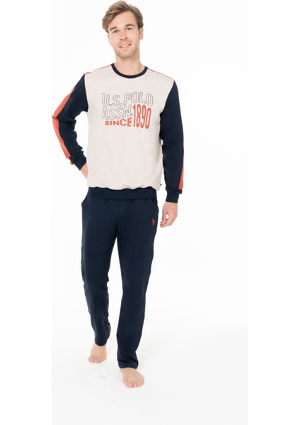 18939 Erkek Bej Yuvarlak Yaka Uzun Kollu Pijama Takımı