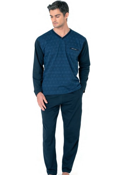 6110 Erkek Saks Kuzun Kollu V Yaka Pijama Takımı