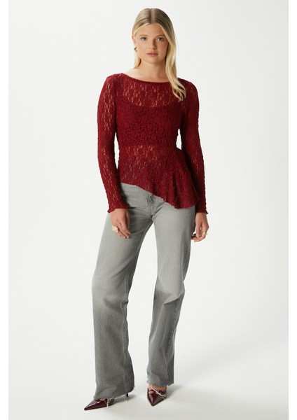 Angel Asimetrik Bordo Uzun Kollu Dantel Top / Bluz