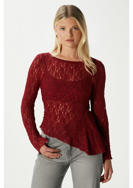 Angel Asimetrik Bordo Uzun Kollu Dantel Top / Bluz fiyatları