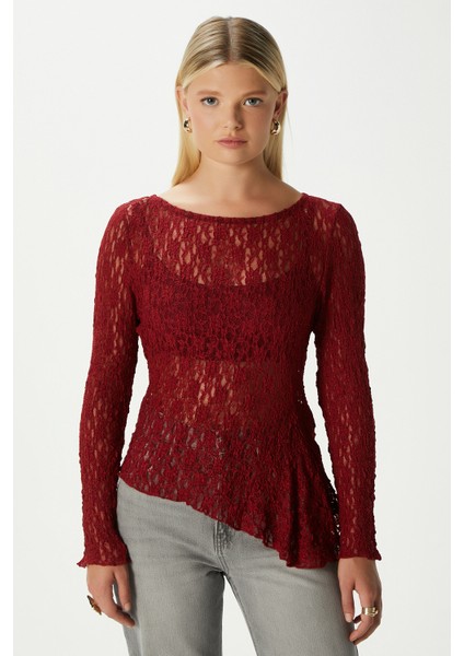 Angel Asimetrik Bordo Uzun Kollu Dantel Top / Bluz modelleri