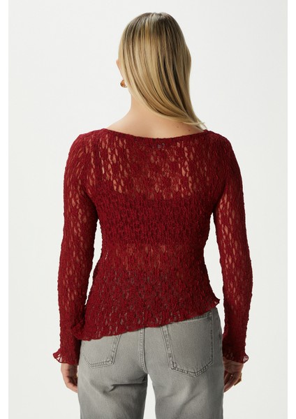 Angel Asimetrik Bordo Uzun Kollu Dantel Top / Bluz fırsatları