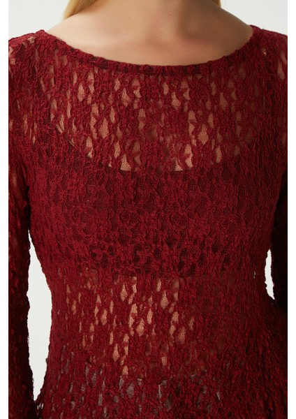 Angel Asimetrik Bordo Uzun Kollu Dantel Top / Bluz indirimleri