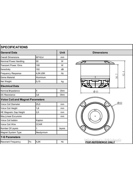 TX-58N Neo Tweeter 100W Maksimum Güç 50W Rms modelleri