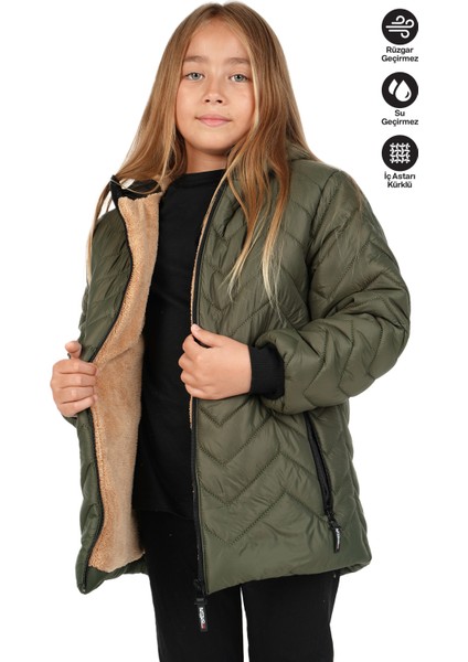 Kız Çocuk Su ve Rüzgar Geçirmez Içi Kürklü Kapüşonlu Mont Zigzag Desenli
