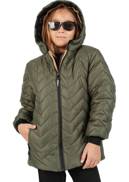 Kız Çocuk Su ve Rüzgar Geçirmez Içi Kürklü Kapüşonlu Mont Zigzag Desenli fiyatları