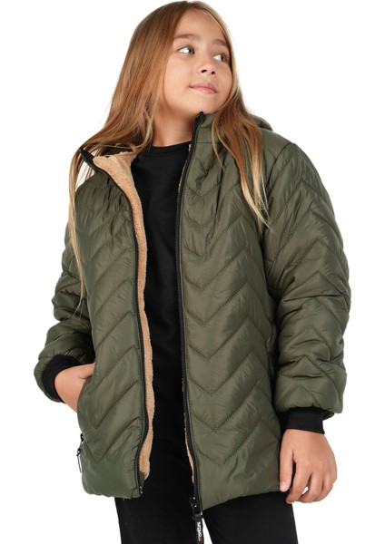 Kız Çocuk Su ve Rüzgar Geçirmez Içi Kürklü Kapüşonlu Mont Zigzag Desenli modelleri