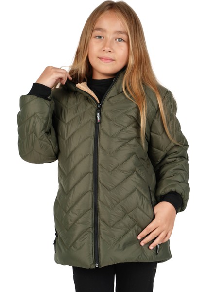 Kız Çocuk Su ve Rüzgar Geçirmez Içi Kürklü Kapüşonlu Mont Zigzag Desenli fırsatları