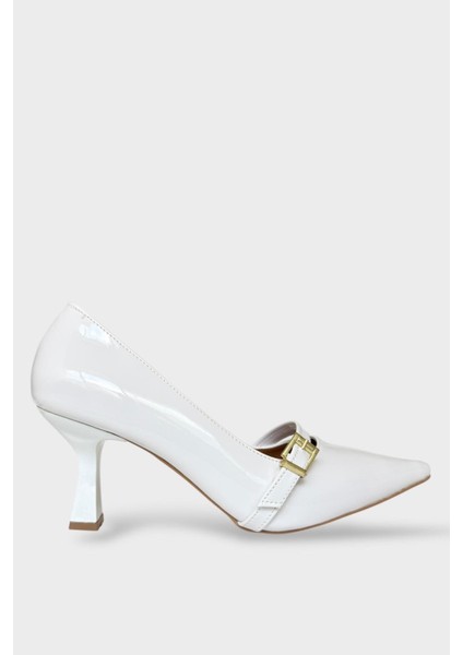 Kadın Tek Bant Tokalı Sivri Burun Topuklu Ayakkabı Beyaz