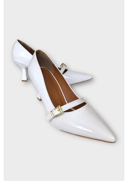 Kadın Tek Bant Tokalı Sivri Burun Topuklu Ayakkabı Beyaz fiyatları
