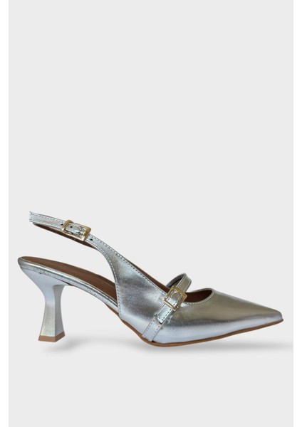 Kadın Tek Bant Tokalı Sivri Burun Arkası Açık Topuklu Ayakkabı Gümüş