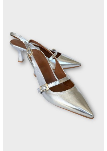 Kadın Tek Bant Tokalı Sivri Burun Arkası Açık Topuklu Ayakkabı Gümüş fiyatları