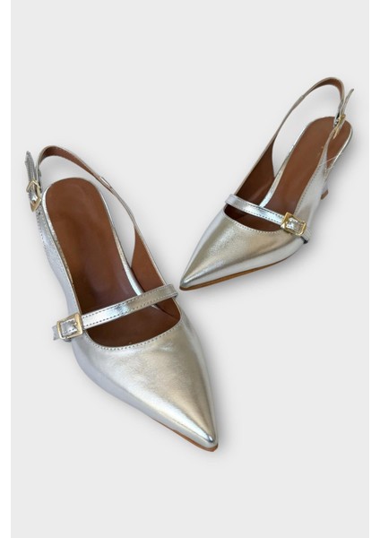 Kadın Tek Bant Tokalı Sivri Burun Arkası Açık Topuklu Ayakkabı Gümüş modelleri