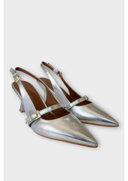 Kadın Tek Bant Tokalı Sivri Burun Arkası Açık Topuklu Ayakkabı Gümüş fırsatları