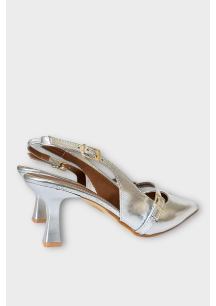 Kadın Tek Bant Tokalı Sivri Burun Arkası Açık Topuklu Ayakkabı Gümüş indirimleri
