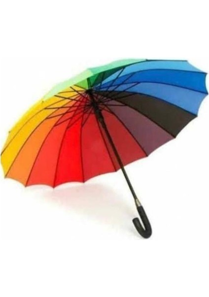 Gökkuşağı Şemsiye 16 Telli Yarı Otomatik Unisex Baston Saplı Şemsiye