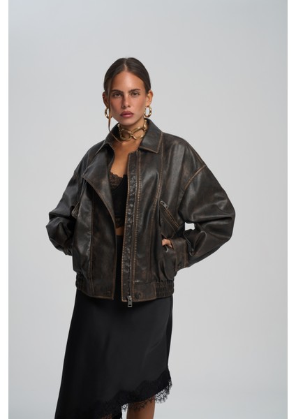 Roane Kahve Lastikli Suni Deri Ceket