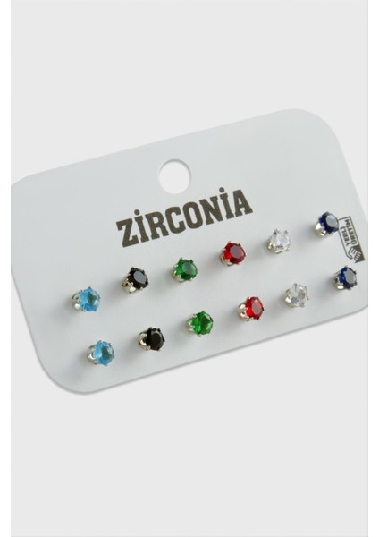 12 Adet Renkli Zirkon Tek Taşlı Küpe