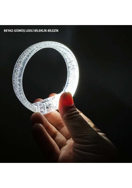 Beyaz-Gümüş LED Işıklı Baskı Yapılabilen Pilli Bileklik Bilezik 1,5 cm Genişlik (5313)