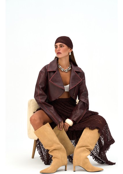 Carnas Asimetrik Bordo Suni Deri Ceket