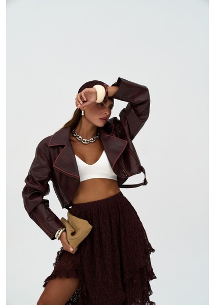 Carnas Asimetrik Bordo Suni Deri Ceket modelleri