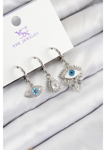 Pirinç Zirkon Taşlı 3'lü Fatma'nın Gözü Model Gümüş Renk Kadın Küpe - TJ-BKP11130