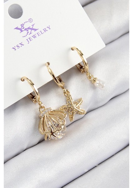 Pirinç Zirkon Taşlı 3'lü Istiridye ve Yıldız Model Gold Renk Kadın Küpe - TJ-BKP11136