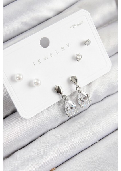 Pirinç Zirkon Taşlı Sallantılı Damla Model Gümüş Renk 925 Ayar Gümüş Çivi Kadın Küpe Set - TJ-BKP11171