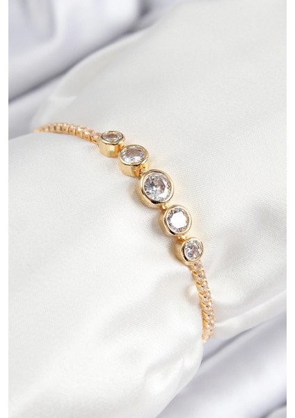 Pirinç Zirkon Taşlı Sıralı Daire Model Gold Renk Asansörlü Kadın Bileklik - TJ-BB7719
