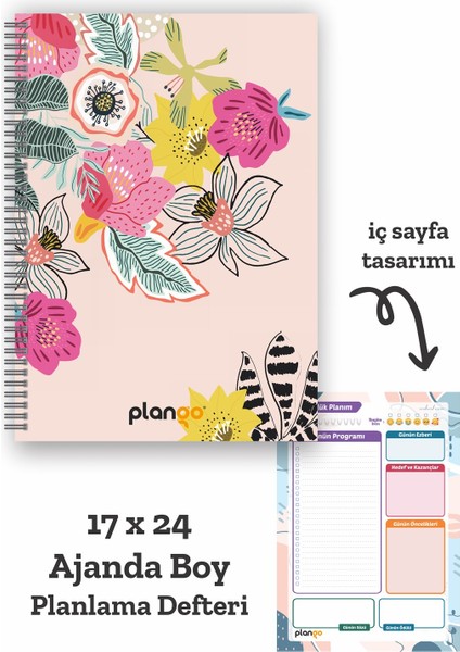 Renkli Çiçekler Spiralli Günlük Planlama Defteri - 100 Sayfa - 17X24 Planlayıcı Defter