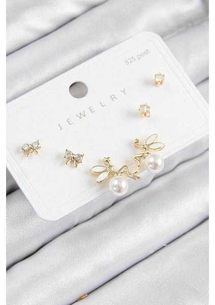 Pirinç Zirkon Taşlı Inci Melek Model Gold Renk 925 Ayar Gümüş Çivi Kadın Küpe Set - TJ-BKP11188