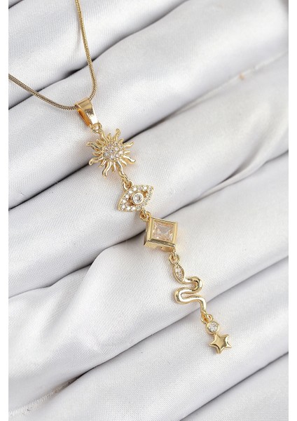 316L Çelik Zirkon Taşlı Güneş ve Ay Enerji Model Gold Renk Kadın Kolye - TJ-BKO10550