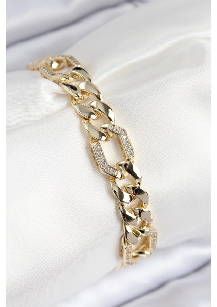 Vıp Pirinç Zirkon Taşlı Parçalı Zincir Model Gold Renk Kadın Bileklik - TJ-BB7767