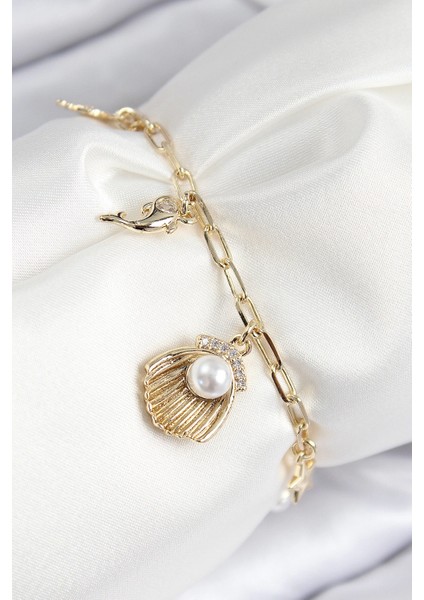 Pirinç Zirkon Taşlı Incili Istiridye Model Gold Renk Kadın Bileklik - TJ-BB7774