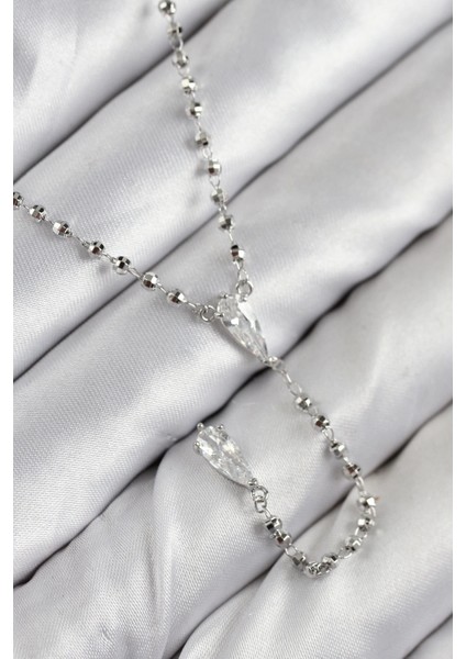 Pirinç Zirkon Taşlı Gümüş Renk Kadın Y Kolye - TJ-BKO10496