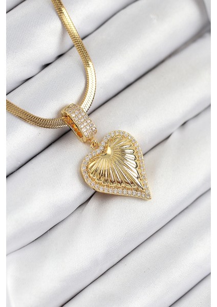 316L Çelik Zirkon Taşlı Kalp Model Gold Renk Kadın Kolye - TJ-BKO10530