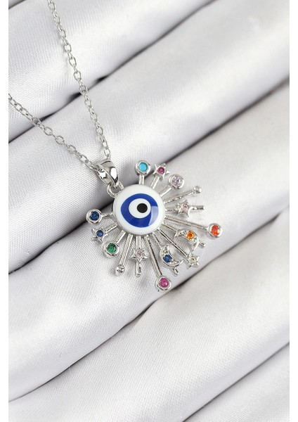 316L Çelik Zirkon Taşlı Nazar Model Gümüş Renk Kadın Kolye - TJ-BKO10543