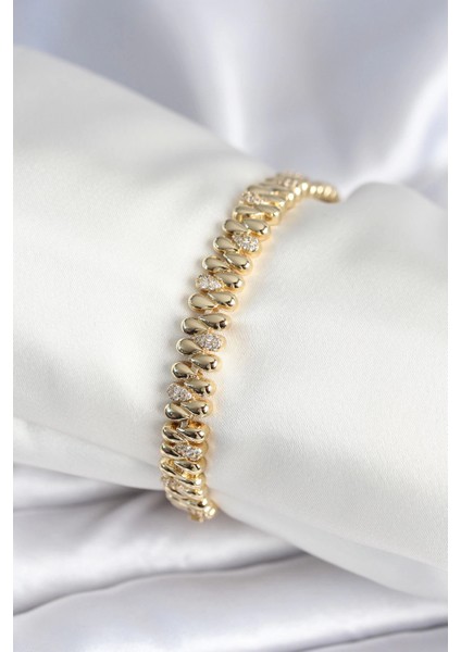 Pirinç Gold Renk Damla Model Zirkon Taşlı Kadın Bileklik - TJ-BB7972