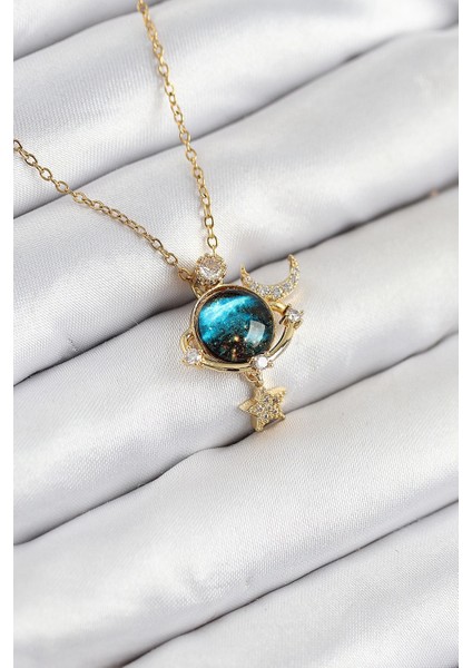 316L Çelik Zirkon Taşlı Gezegen Model Gold Renk Kadın Kolye - TJ-BKO10507