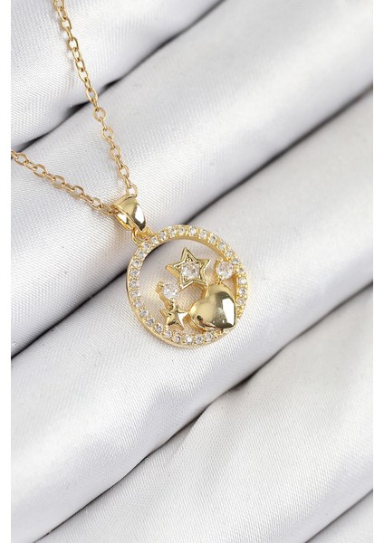 316L Çelik Zirkon Taşlı Yıldız ve Kalp Model Gold Renk Kadın Kolye - TJ-BKO10522