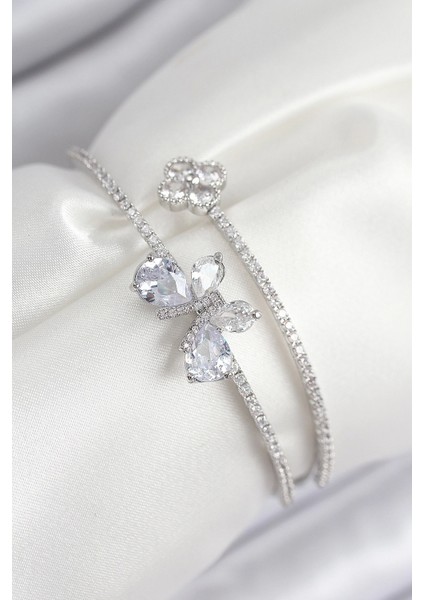 Pirinç Zirkon Taşlı Kelebek ve Yonca Model Gümüş Renk Kadın Bileklik - TJ-BB7850